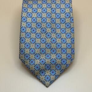 Henry Jacobson Silk Tie with Blue and Gold Geometric Pattern